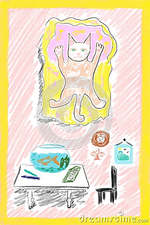 Children`s drawing: a cat in an apartment. Cartoon Illustration