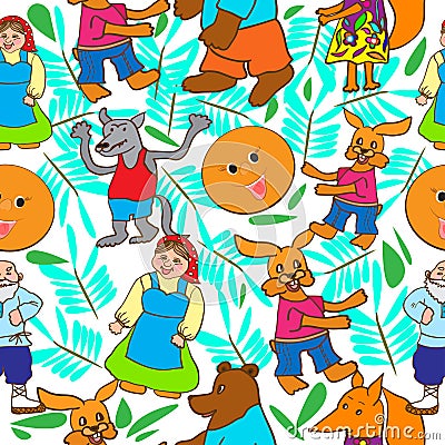 Children`s drawing in the form of a pattern from the fairy tale Kolobok Vector Illustration