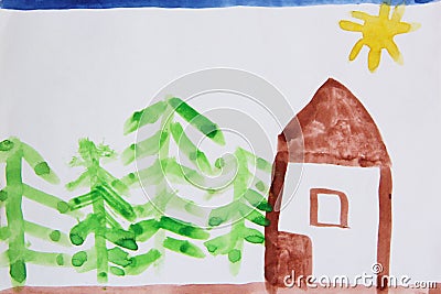 Children`s drawing of house and green spruces Stock Photo