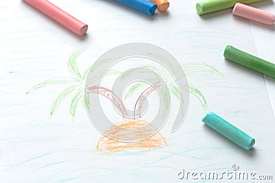 Children`s drawing palm trees. Summer, sea, boat. Multicolored crayons, pastel. Stock Photo