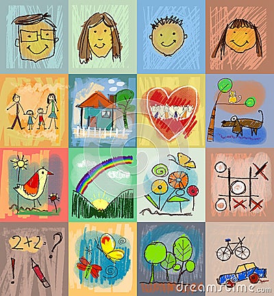 Children's Drawing Styles. Symbols set with human family Stock Photo