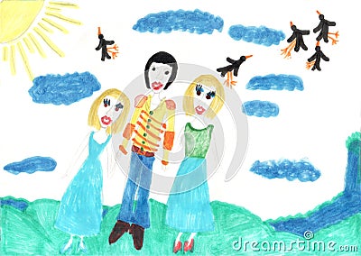 Children's drawing Two girl one boy Brother and sister Stock Photo