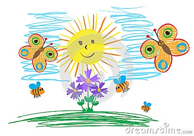 Children`s drawings of insects, the sun and flowers. The child draws summer Vector Illustration