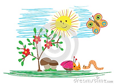 Children`s drawings of insects, the sun and flowers. The child draws summer Vector Illustration