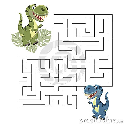 Children's educational maze, funny dinosaurs and tropical leaves. Educational illustration for preschoolers, print Vector Illustration