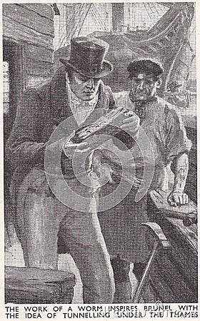 Vintage illustration of Brunel being inspired by worms with the idea of tunnelling under the Thames Editorial Stock Photo