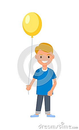 Boy holding a balloon. Happy cartoon character congratulations on the birthday, new year, mothers day. Vector Vector Illustration