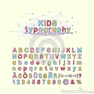 Children`s font in the mbe style. Colorful kids typography. Vector illustration of an alphabet. English, German and Vector Illustration