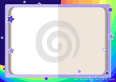 Children`s frame with an open book, rainbow, sky and stars Vector Illustration