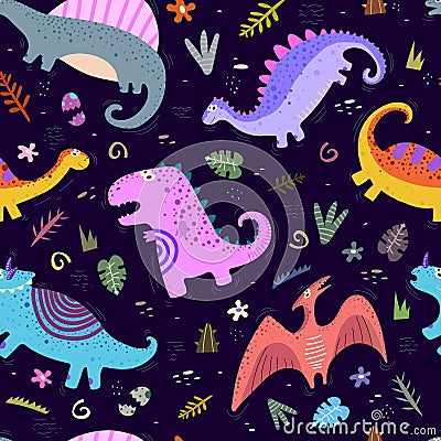 Children`s funny seamless pattern. Vector with colorful cute dinosaurs, decorative elements. hand drawing. Vector Illustration