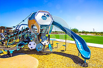 Children`s Futuristic Playground Equipment At Free Public Park Editorial Stock Photo