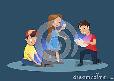 Children`s gadget dependence. Kids with electronic devices. Cartoon vector illustration, isolated on dark blue. Vector Illustration