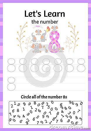 Children`s game let`s learn the number eight. Cartoon style. Vector illustration Cartoon Illustration