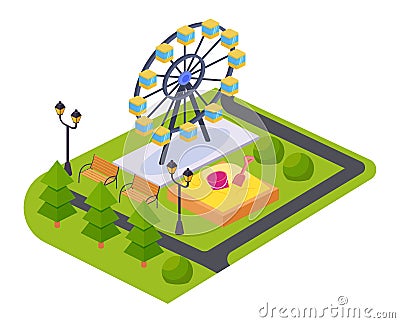Children`s game park of attractions and entertainments, with adjacent landscape. Vector Illustration