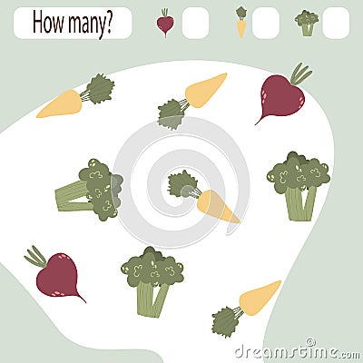 Children`s game search in a cartoon style. Collection of children learning. Count how many items and write down the result. Vector Illustration