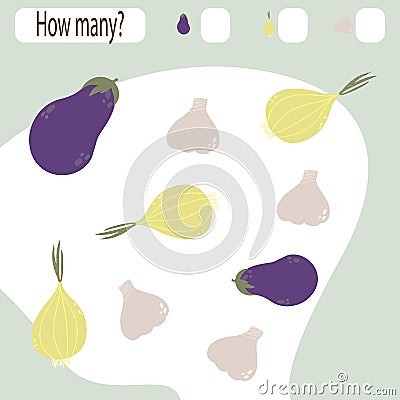 Children`s game search in a cartoon style. Collection of children learning. Count how many items and write down the result. Vector Illustration