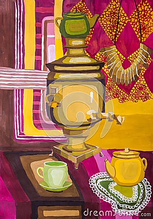 Children`s gouache painting `Decorative still life with a samovar on the table` Stock Photo