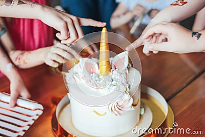 Children`s hands little girls reach for the cake. Big beautiful cake unicorn on the birthday of little Princess on festive table Stock Photo