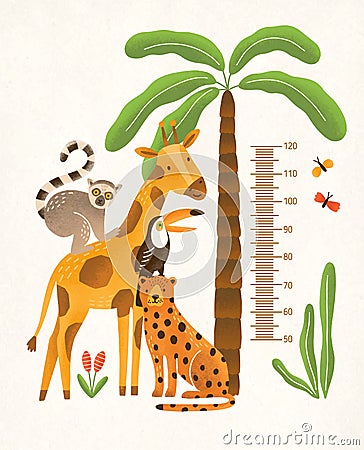 Children`s height wall chart in centimeters decorated with tropical palm tree, jungle plants and funny cartoon exotic Vector Illustration