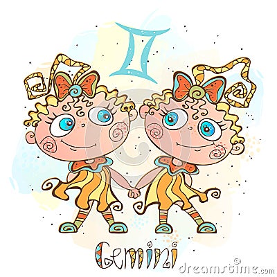 Children`s horoscope icon. Zodiac for kids. Gemini sign . Vector. Astrological symbol as cartoon character. Vector Illustration