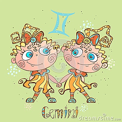 Children`s horoscope icon. Zodiac for kids. Gemini sign . Vector. Astrological symbol as cartoon character Stock Photo