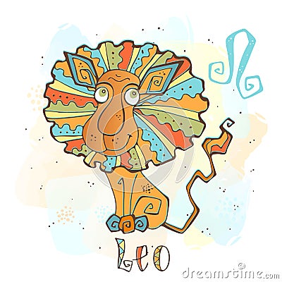 Children`s horoscope icon. Zodiac for kids. Leo sign . Vector. Astrological symbol as cartoon character. Vector Illustration