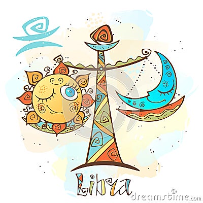 Children`s horoscope icon. Zodiac for kids. Libra sign . Vector. Astrological symbol as cartoon character. Vector Illustration