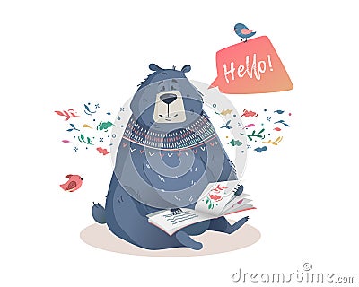 Children's illustration of a bear with book fairy tales. Cartoon Illustration