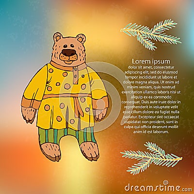 Children`s illustration of a bear, a Character of Russian folk tales. Animated bear in folk clothes for printing on t Vector Illustration