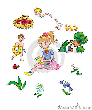 Set Children`s illustration for a book, album, magazine. A girl in the meadow, in the summer. Cartoon Illustration