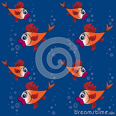 Children`s illustration, design, pattern - a pair of surprised goldfish with big red lips and huge eyes on a background of blue Vector Illustration