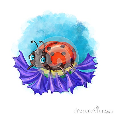 Children`s illustration in digital style, cartoon ladybug, insect for a child of red color, who sits on a flower, cornflower field Cartoon Illustration