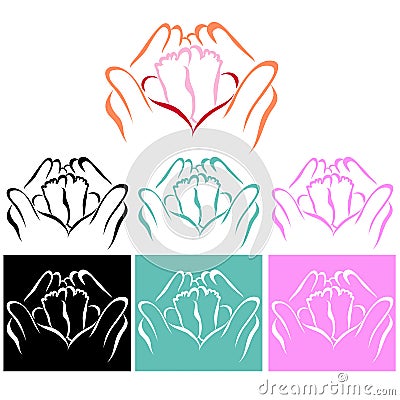 Children`s legs in the palms. Colored icons for organizations and centers that specialize in giving birth to children. Stock Photo