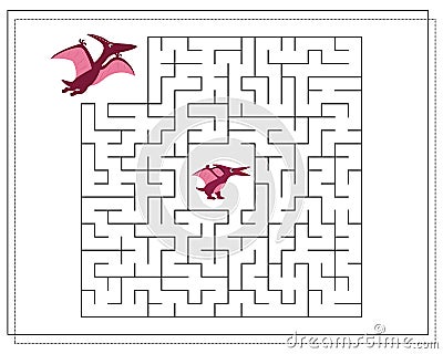 Children's logic game go through the maze. Help the baby pterodactyl to pass the maze, dinosaurs. Vector Vector Illustration