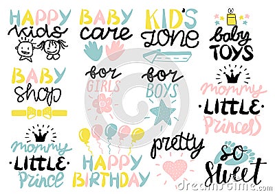 12 children s logo with handwriting Happy birthday, Baby care, Zone, Toys, Shop, For girls, boys, Mommy little princess Vector Illustration