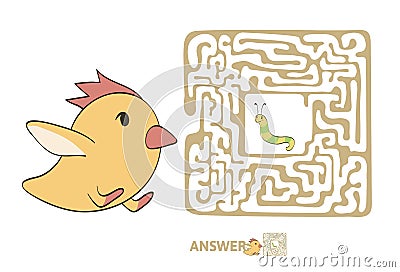 Children`s maze with chicken and worm. Puzzle game for kids, vector labyrinth illustration. Vector Illustration