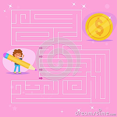 Children`s maze. Game. Coin, Vector Illustration