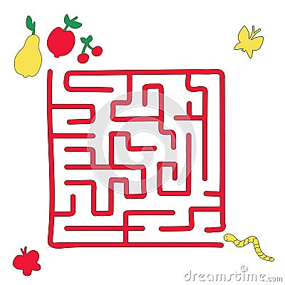 Children s maze. Game for kids. The worm creeps to the fruit. Hand-drawn graphic Vector Illustration