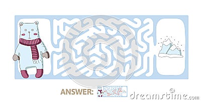 Children`s maze with polar bear and the North pole. Puzzle game for kids, vector labyrinth illustration. Vector Illustration