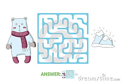 Children`s maze with polar bear and the North pole. Puzzle game for kids, vector labyrinth illustration. Vector Illustration