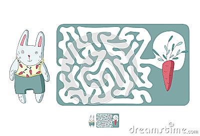 Children`s maze with rabbit and carrot. Puzzle game for kids, vector labyrinth illustration. Vector Illustration