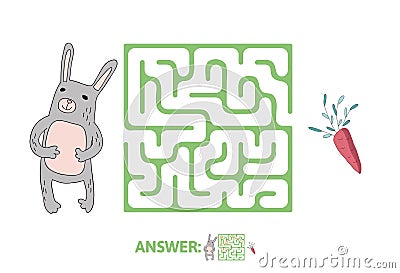Children`s maze with rabbit and carrot. Puzzle game for kids, vector labyrinth illustration. Vector Illustration