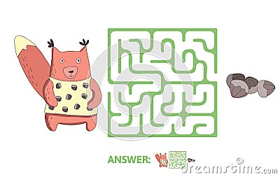 Children`s maze with squirrel and nuts. Puzzle game for kids, vector labyrinth illustration. Vector Illustration
