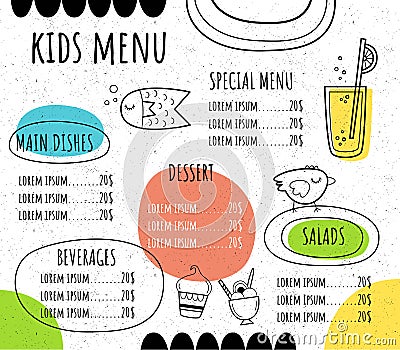 Children`s menu in a hand-drawn style. Cute fish, chicken, lemonade and sweets Vector Illustration