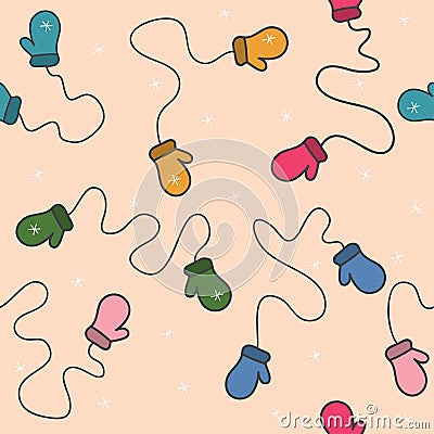 Children`s mittens on a rope. Vector seamless pattern Vector Illustration
