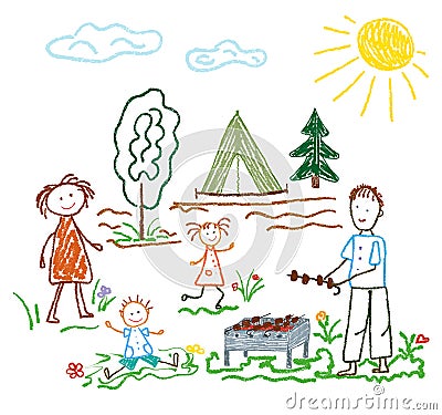 Children s pencil drawing on the theme of summer, friendship, family, camping, recreation, barbecues Stock Photo