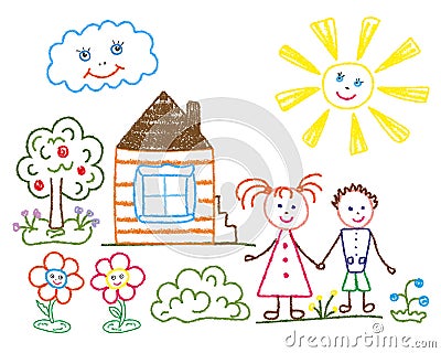 Children`s pencil drawing on the theme of summer, friendship, family. Vector Illustration