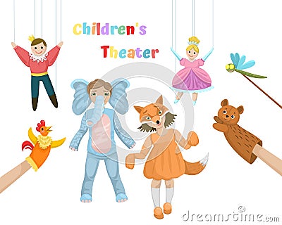 Children theater with dolls, puppets and children in dresses. Vector set illustration Vector Illustration