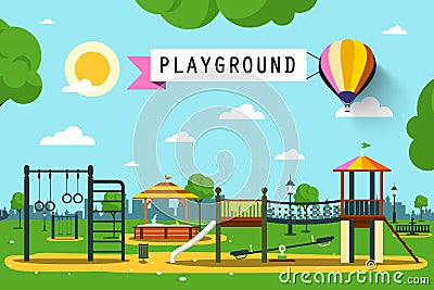 Children`s Playground on City Park. Vector Illustration