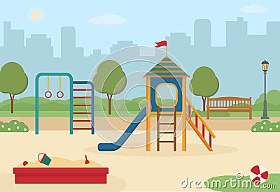 Children`s playground in the city park with toys, a slide, a sandpit. Vector Illustration